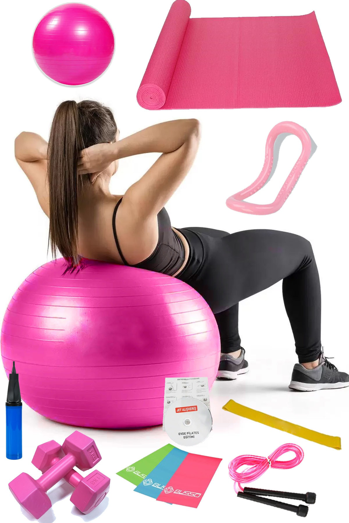 13 Lü Pilates Seti Topu 3 Lü Pilates Bandı Lastiği Dambıl Minder