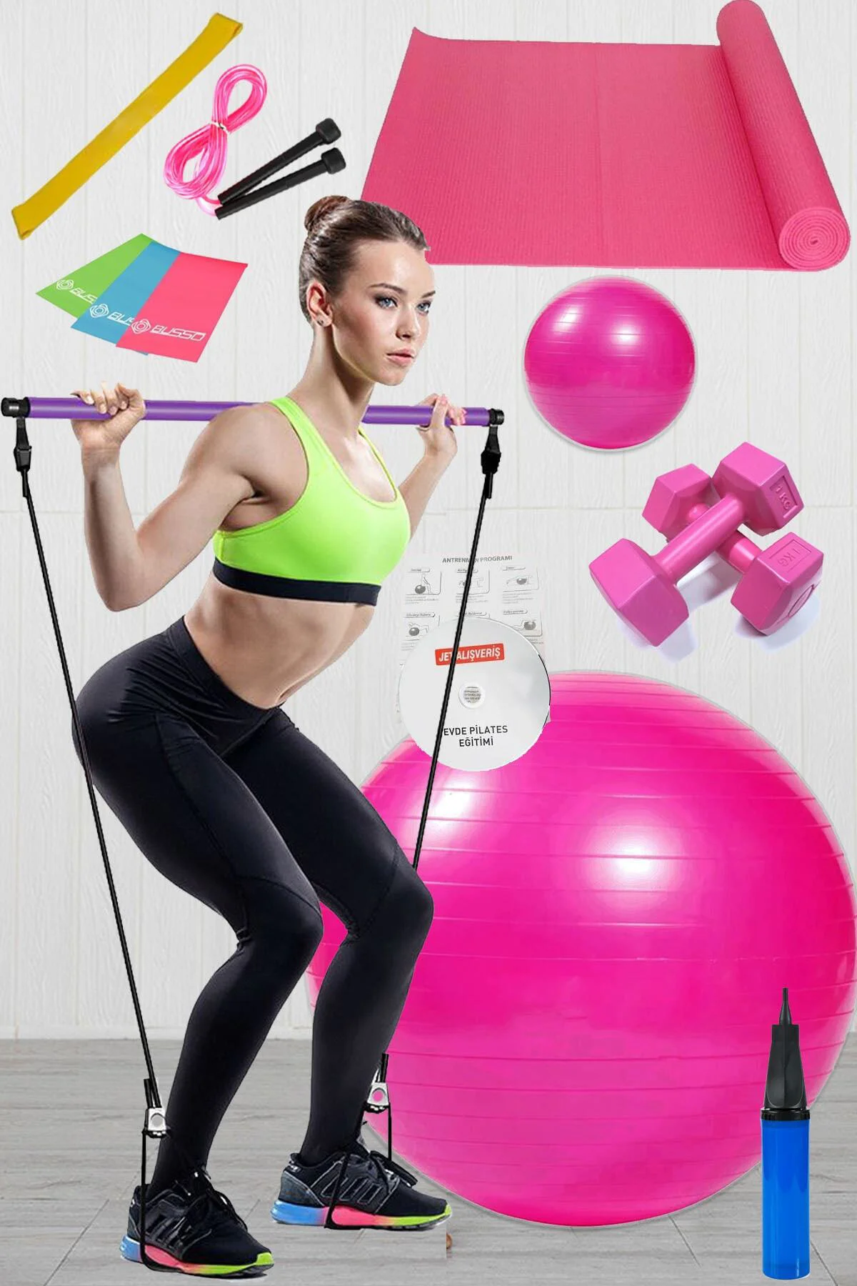 13 Lü Pilates Seti Topu 3lü Pilates Bandı Lastiği Dambıl Minder M