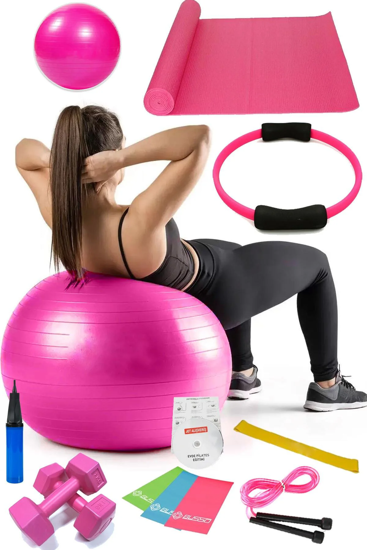 13 Lü Pilates Seti Topu 3 Lü Pilates Bandı Lastiği Dambıl Minder 