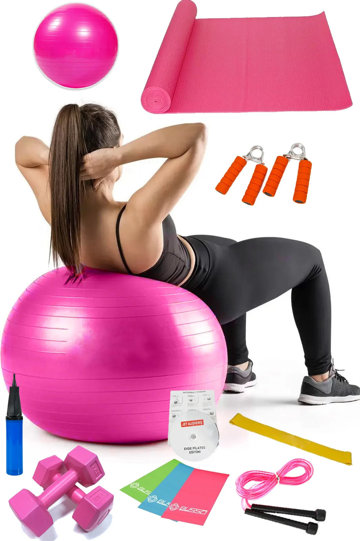13 Lü Pilates Seti Topu 3 Lü Pilates Bandı Lastiği Dambıl Minder 