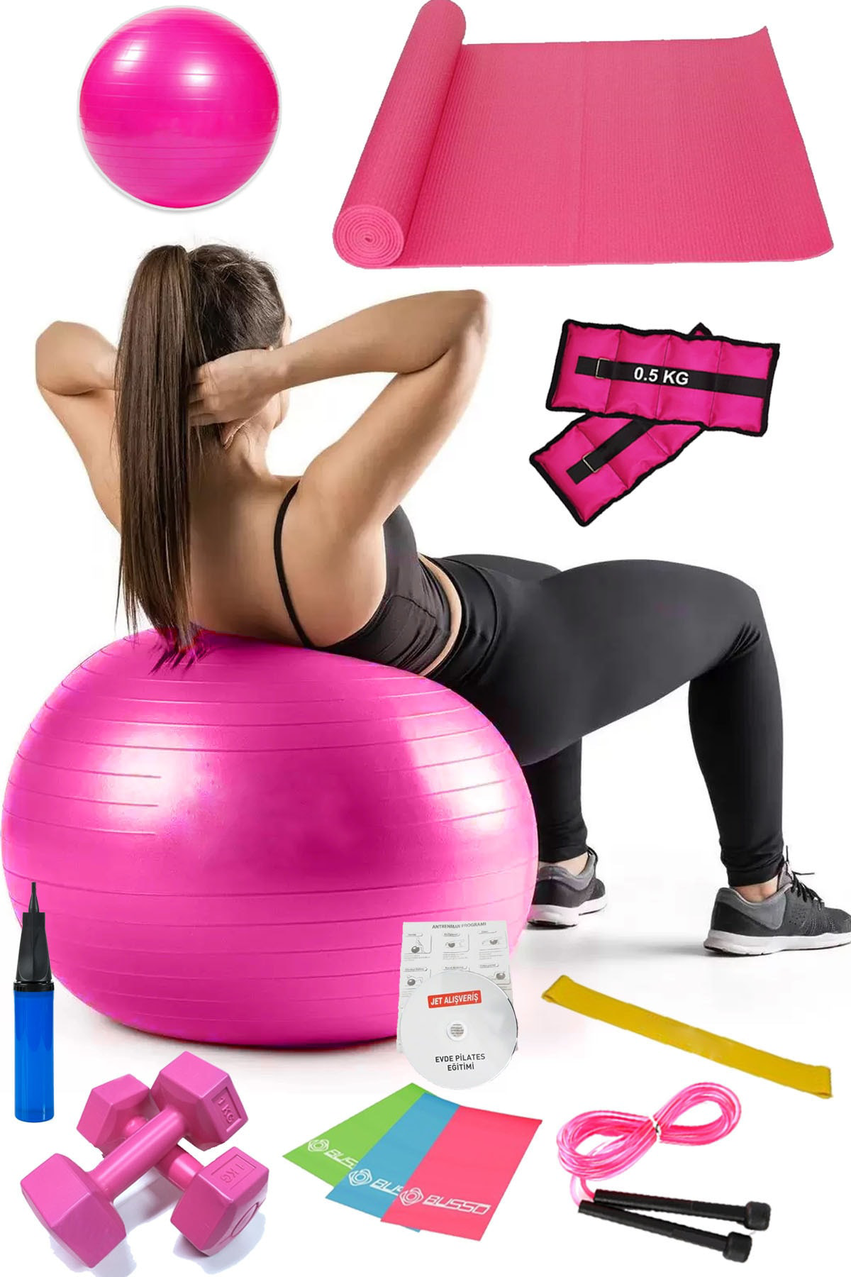 13 Lü Pilates Seti Topu 3 Lü Pilates Bandı Lastiği Dambıl Minder