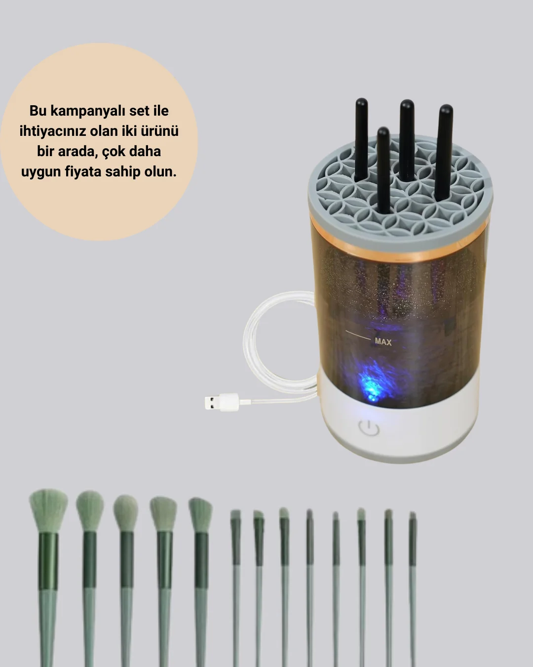 13 Parça Makyaj Fırça Seti + Otomatik Fırça Temizleyici