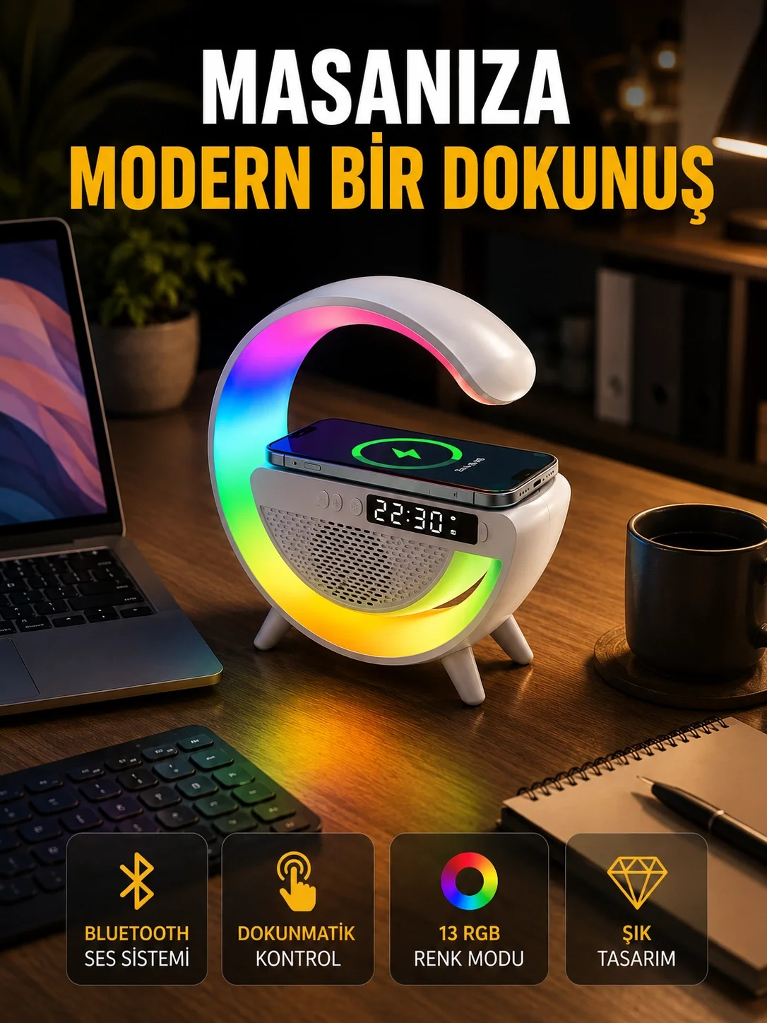 13 Renk Seçenekli Kablosuz Şarj Cihazlı LED Lamba Fiyatı, Yorumları ve Özellikleri