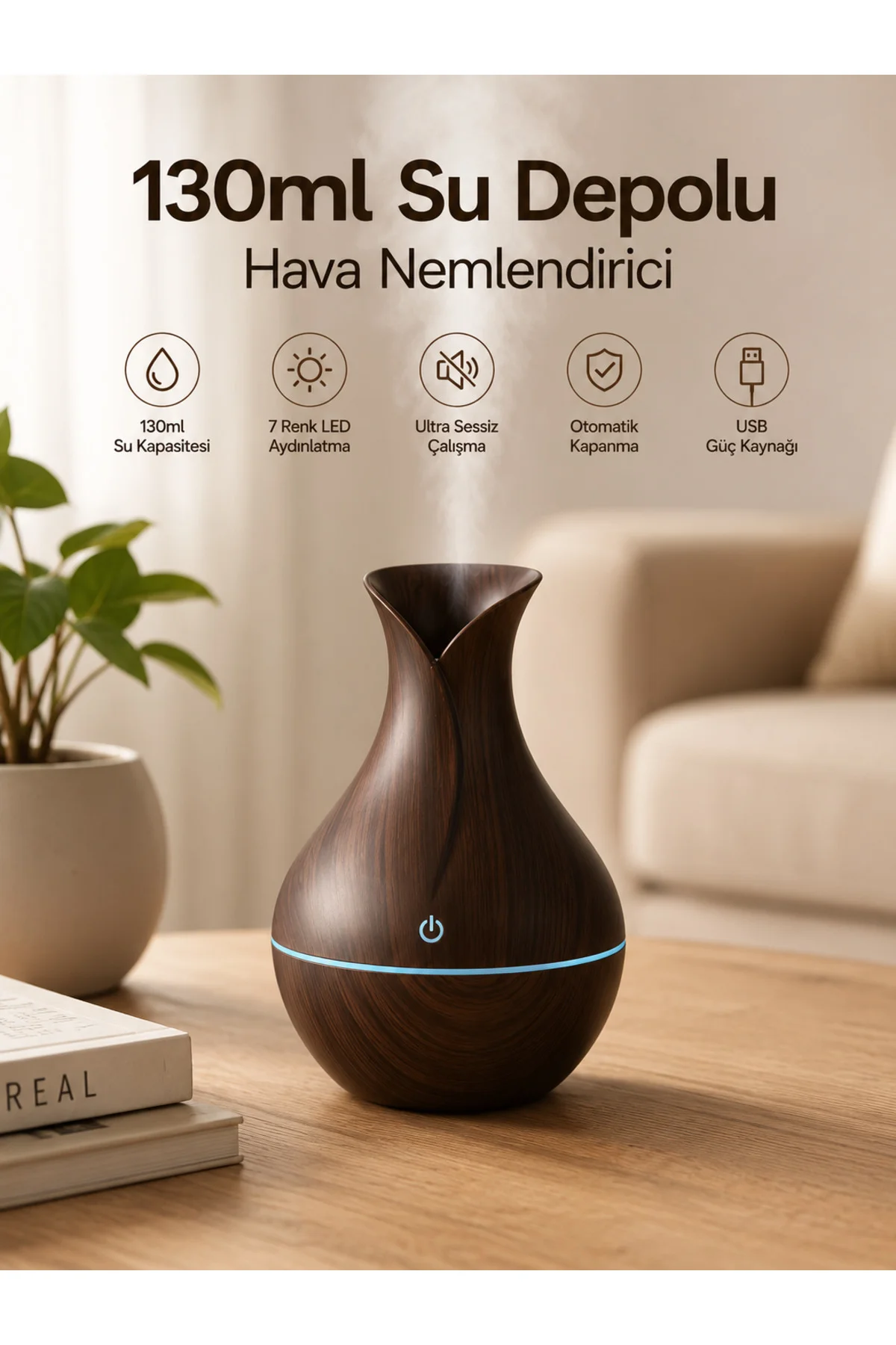 130ml Aromaterapi Difüzörü Hava Nemlendirici 7 Renk LED Işıklı