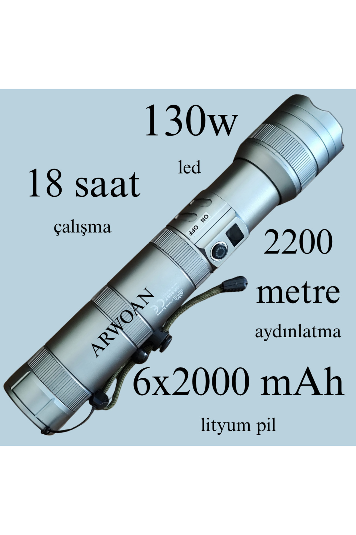 130W LED El Feneri - 2200 Metre Aydınlatma Mesafesi, 18 Saat Çalı