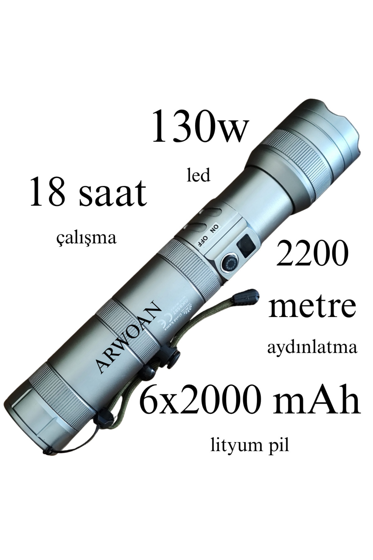 130W LED El Feneri - 2200 Metre Aydınlatma Mesafesi, 18 Saat Çalı