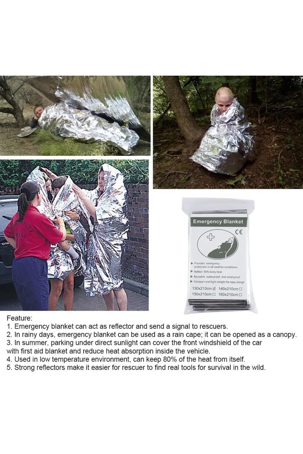 130x210cm Folyo Mylar Termal Battaniye Sizi Sıcak Tutar Acil Term