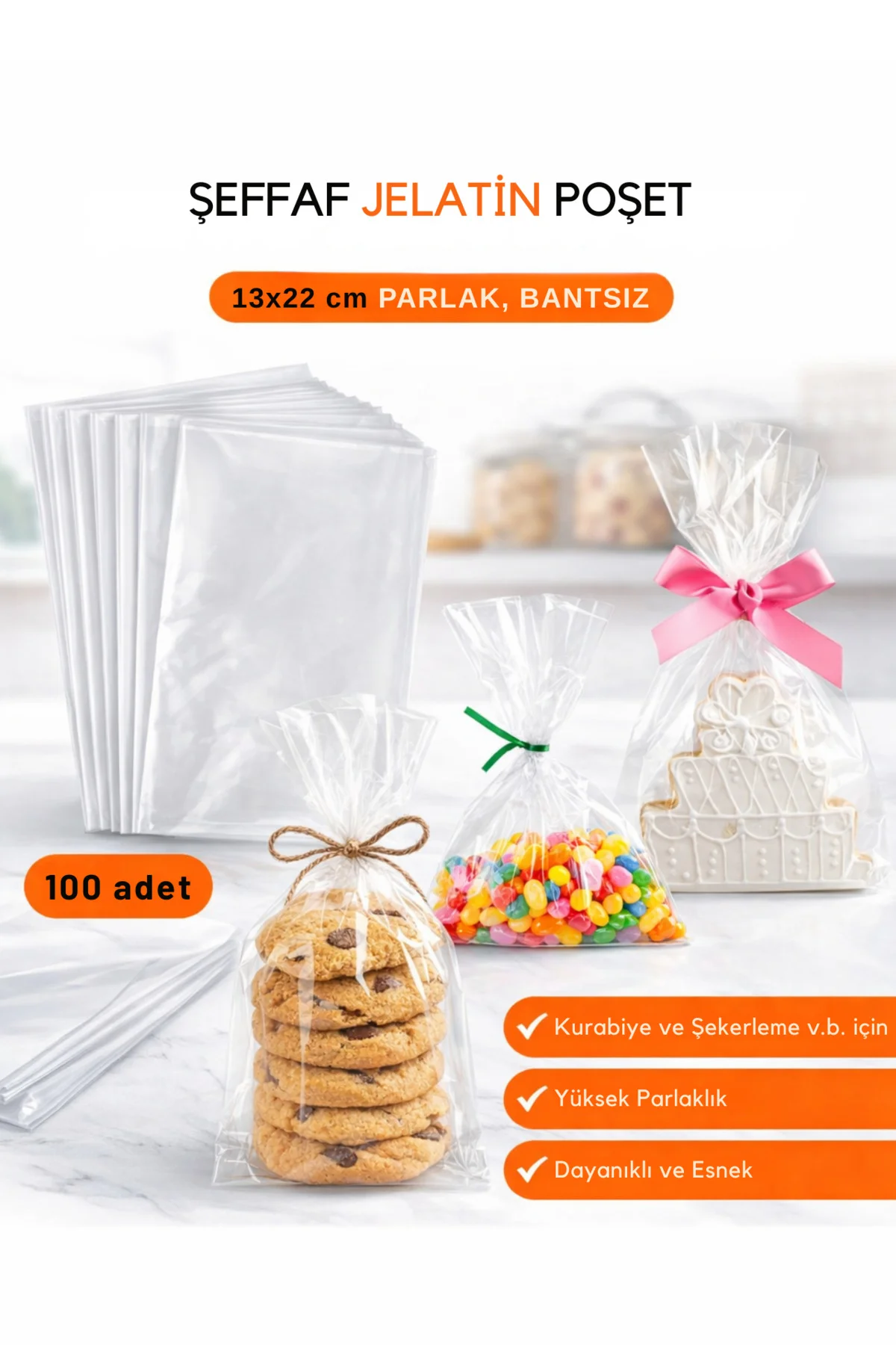 13*22 cm Parlak Bantsız Jelatin Kurabiye ve Şekerleme Poşeti Şeff 13*22 cm Parlak Bantsız Jelatin Kurabiye ve Şekerleme Poşeti Şeff