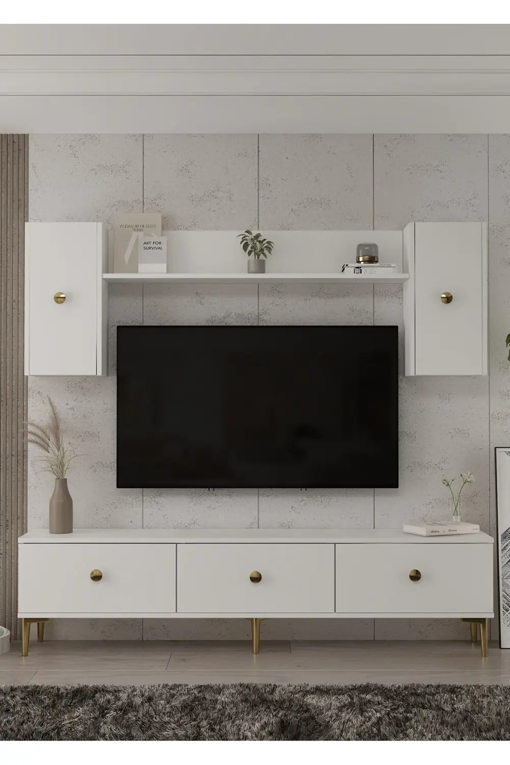 1332TV150-1CT TV ÜNİTESİ TV SEHPASI BEYAZ-ALTIN