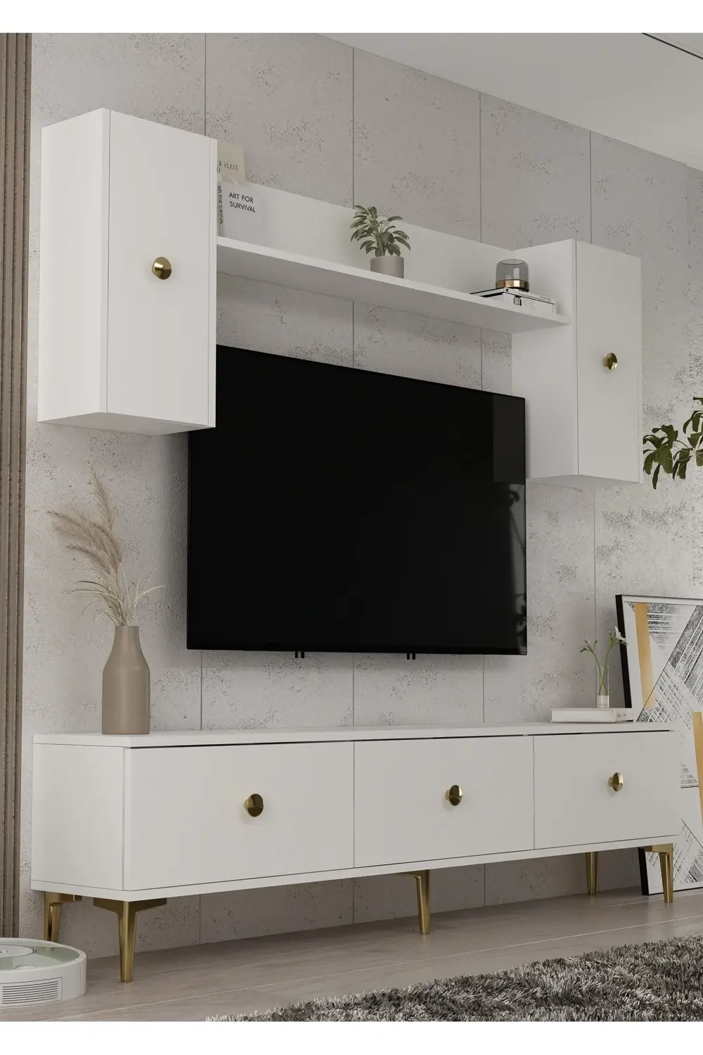 1332TV150-1CT TV ÜNİTESİ TV SEHPASI BEYAZ-ALTIN