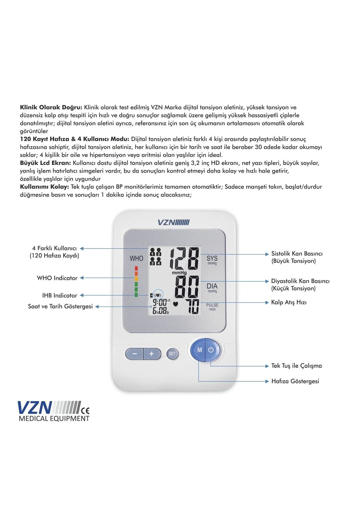Vzn 1334 Kol Tipi Koldan Ölçer Otomatik Dijital Tansiyon Aleti 5 Yil