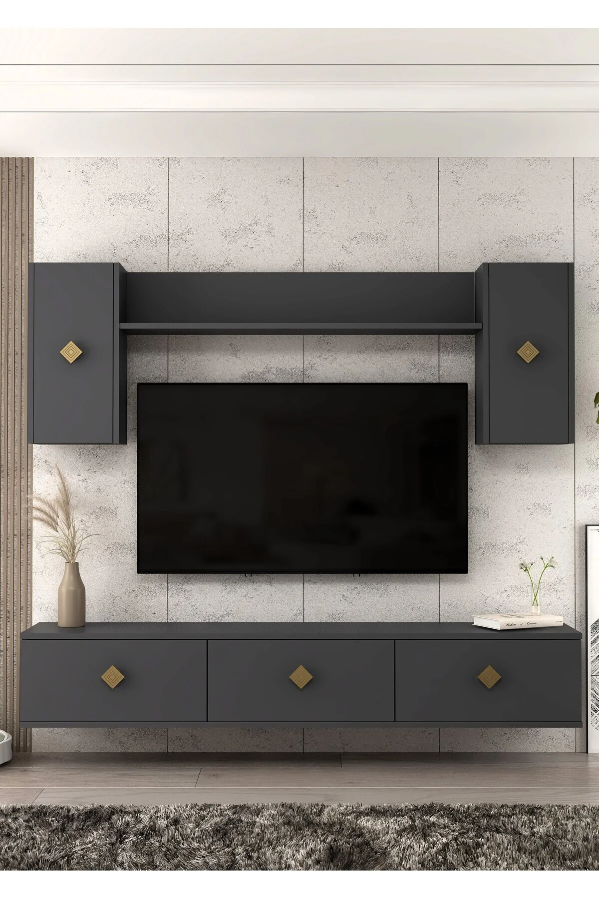 1339TV180-1CT DUVARA MONTAJ TV SEHPASI, TV ÜNİTESİ ANTRASİT-ALTIN