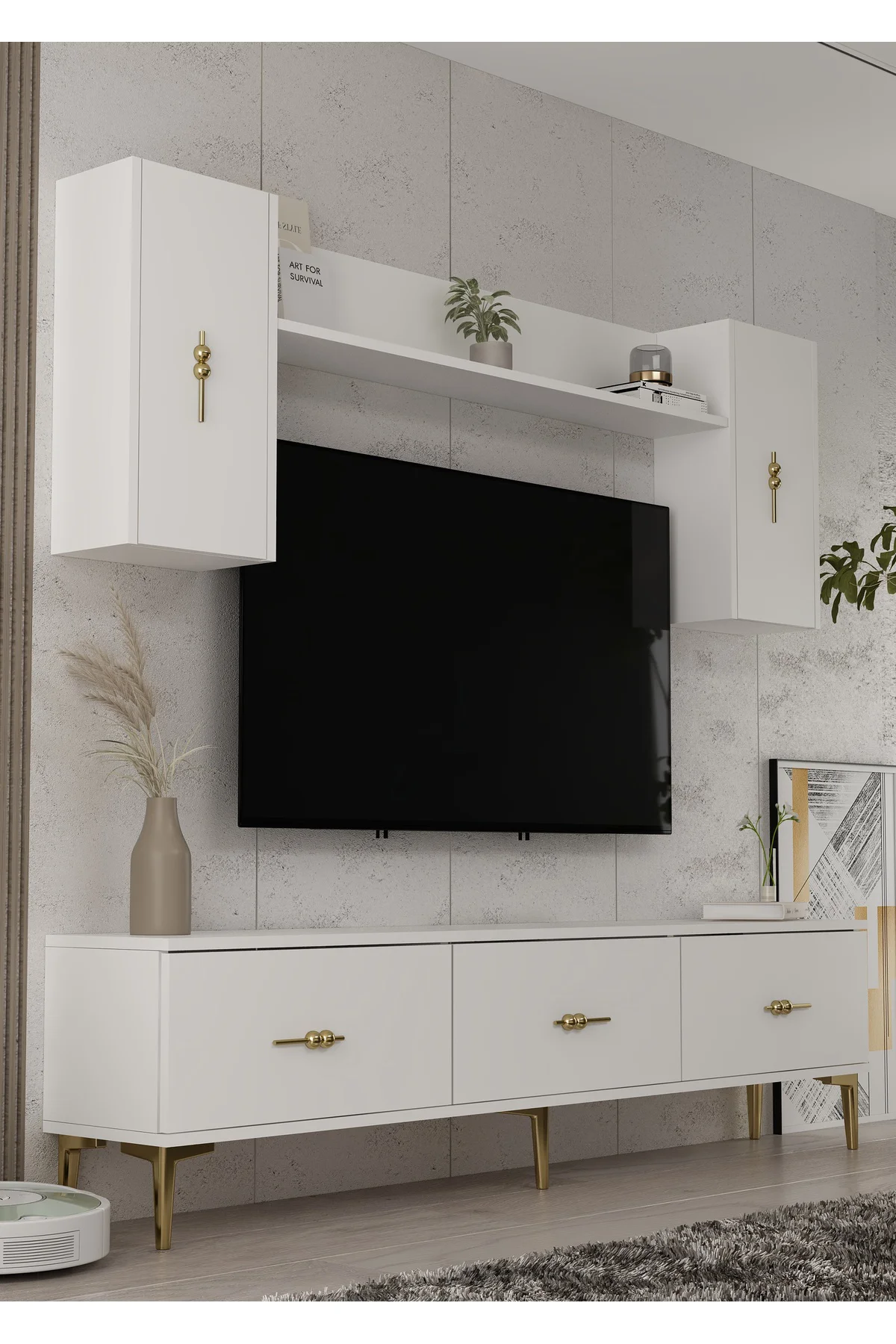 1359TV180-1CT TV SEHPASI,TV ÜNİTESİ BEYAZ-ALTIN