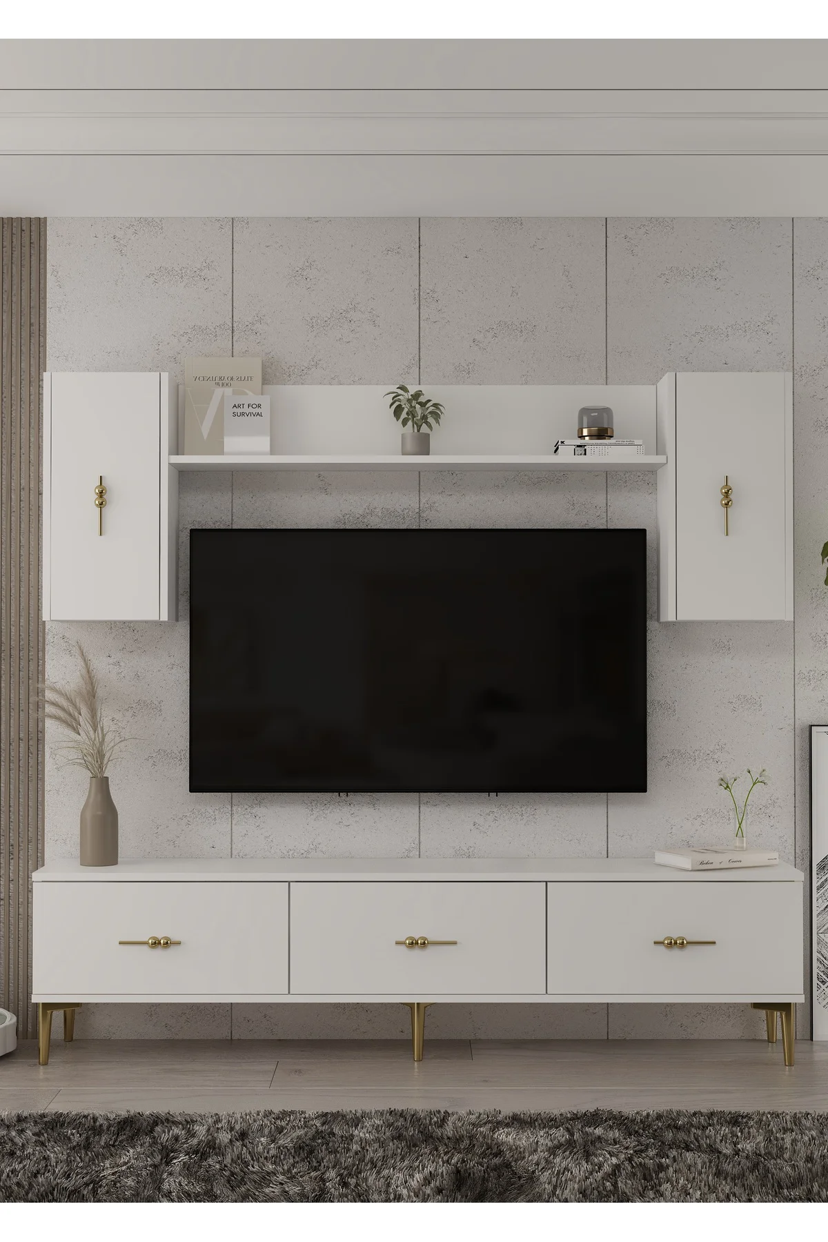 1359TV180-1CT TV SEHPASI,TV ÜNİTESİ BEYAZ-ALTIN
