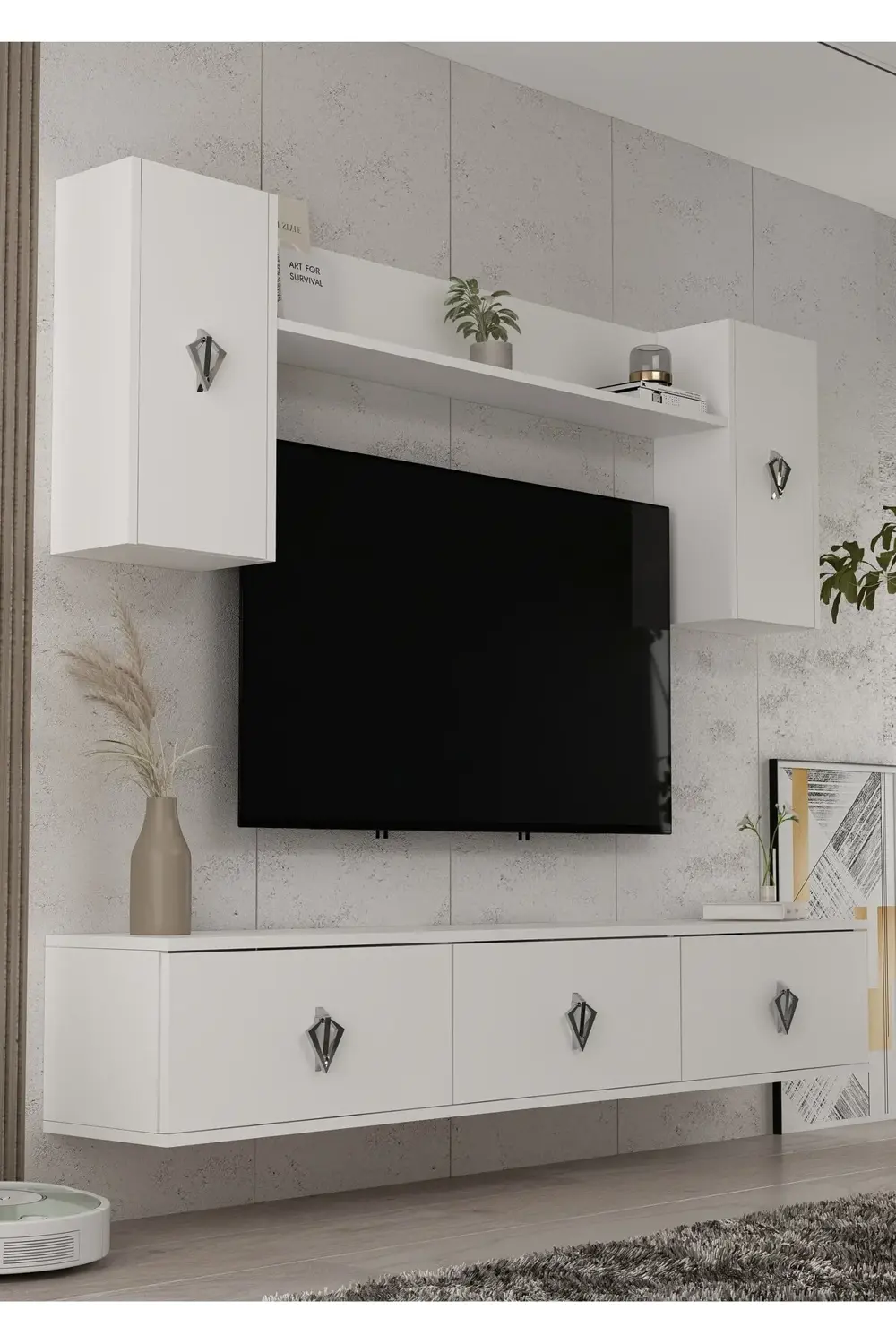 1370TV180-32CT DUVARA MONTAJ TV SEHPASI, TV ÜNİTESİ BEYAZ-GÜMÜŞ