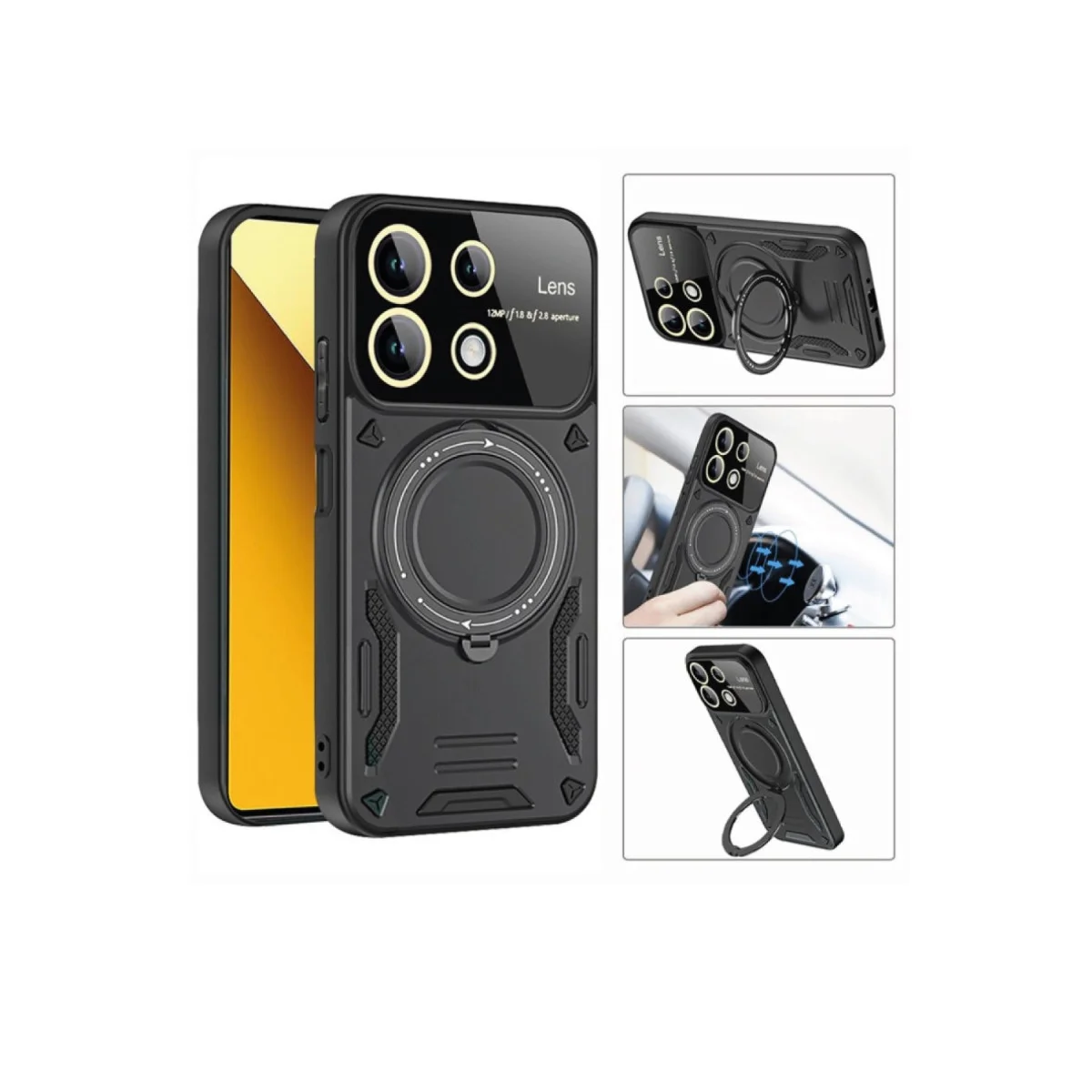 13C Kılıf Joy Lens Standlı Kapak - Kırmızı Yüksek Korumalı Telefon Kılıfı ve Parmak Halkası