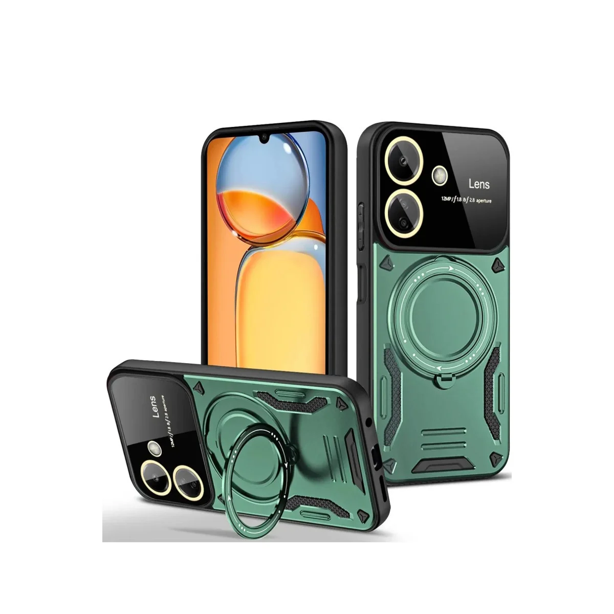 13C Kılıf Joy Lens Standlı Koyu Yeşil - 360° Döner Parmak Halkası ve 180° Stand