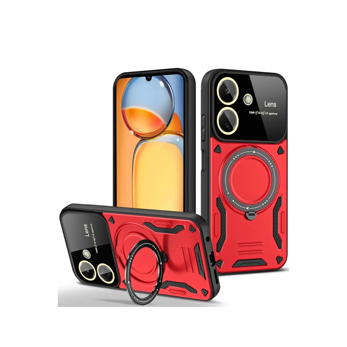 13C Kılıf Joy Lens Standlı Kapak - Kırmızı Yüksek Korumalı Telefon Kılıfı ve Parmak Halkası