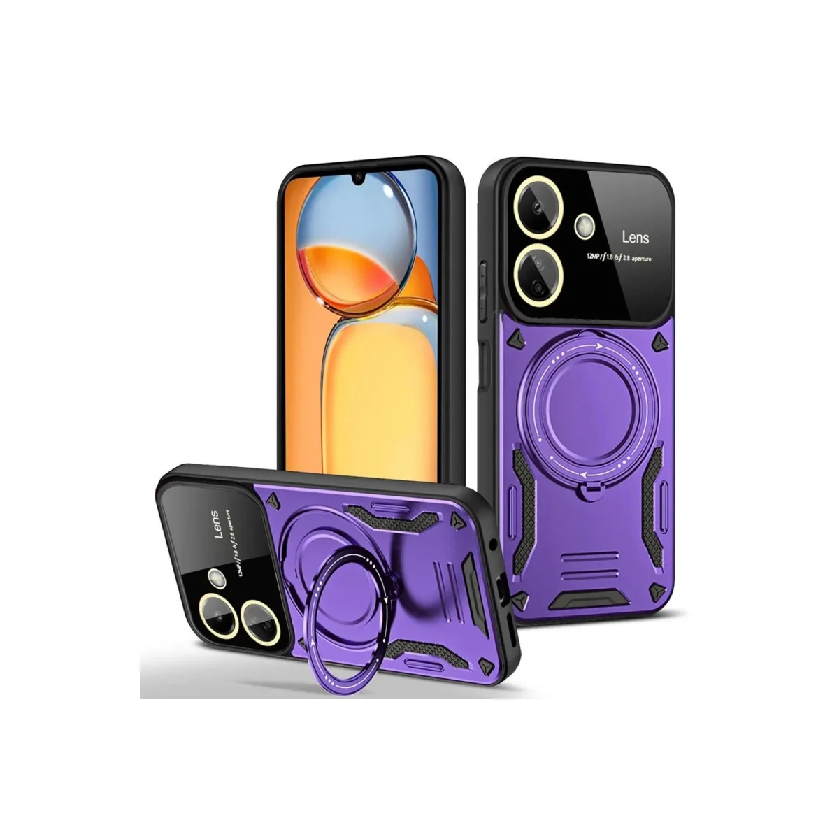 13C Kılıf Joy Lens Standlı Kapak - Mor, 360° Döner Parmak Halkası & 180° Katlanabilir Stand