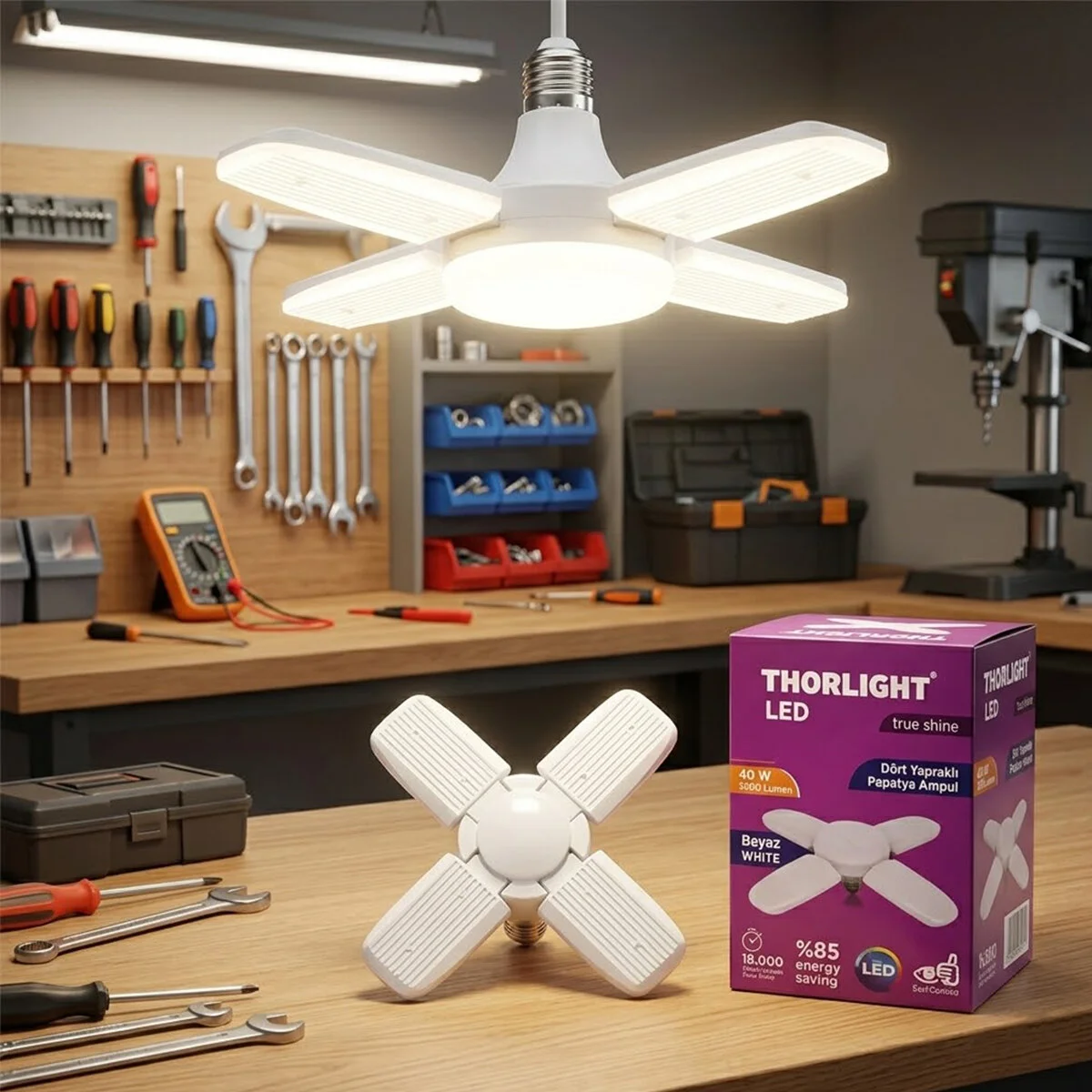 1+4 Kollu - Yapraklı Pervane Modeli Papatya Beyaz Led Lamba Ampul 40W - E27 P-6040B