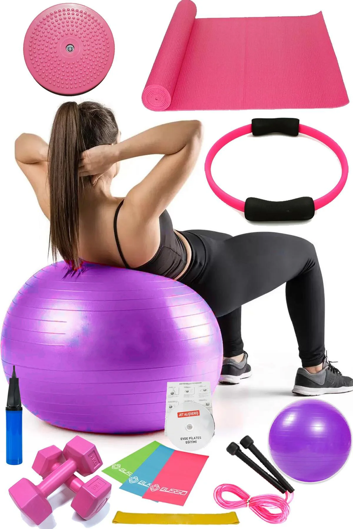14 Lü Pilates Seti Topu 3 Lü Pilates Bandı Dambıl Minder Ip Twist