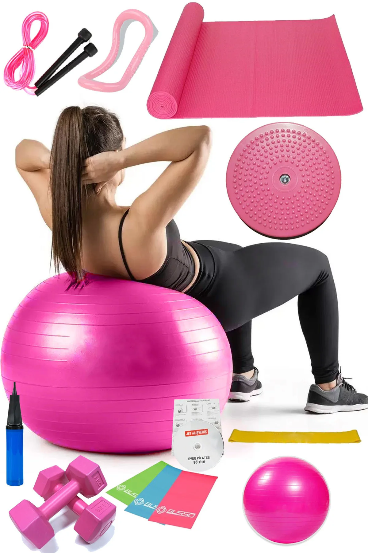 14 Lü Pilates Seti Topu 3 Lü Pilates Bandı Dambıl Minder Atlama I