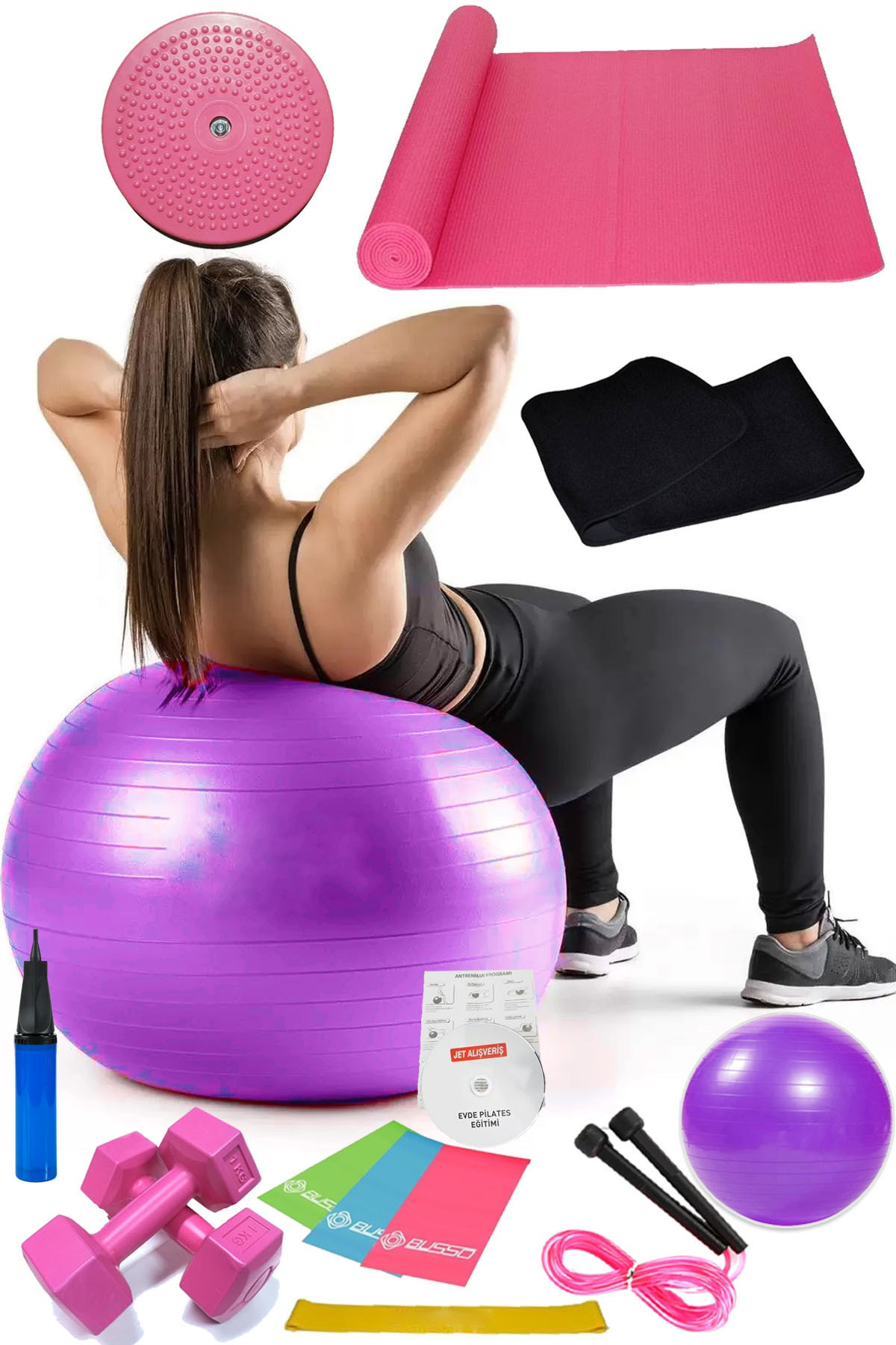 14 Lü Pilates Seti Topu 3 Lü Pilates Bandı Dambıl Minder Atlama I