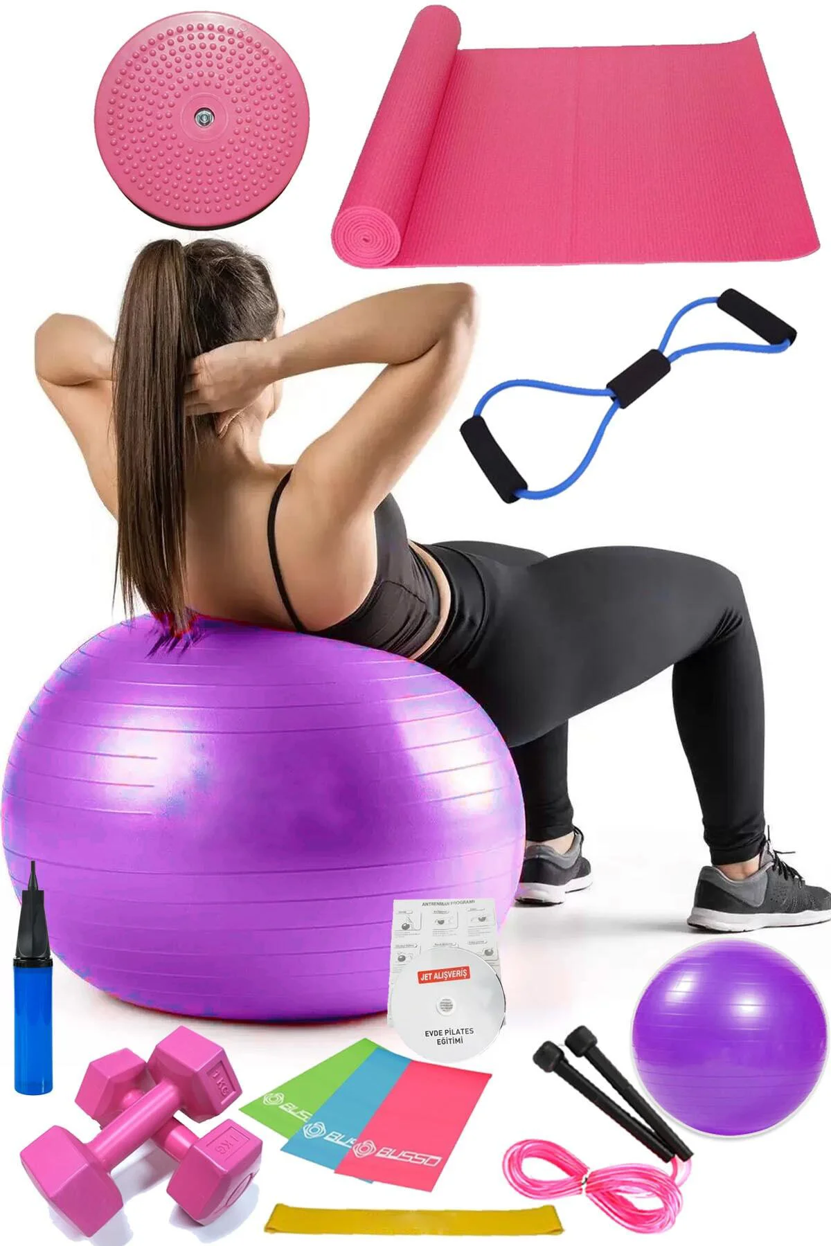 14 Lü Pilates Seti Topu 3 Lü Pilates Bandı Dambıl Minder Atlama I