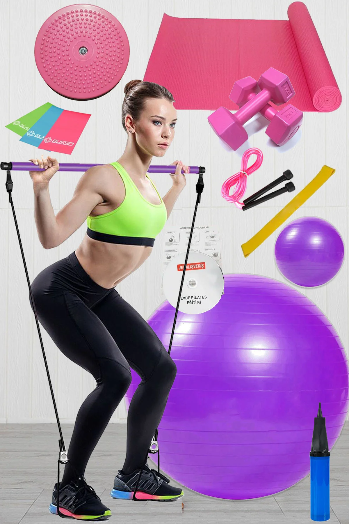 14 Lü Pilates Seti Topu 3 Lü Pilates Bandı Dambıl Minder Ip Twist