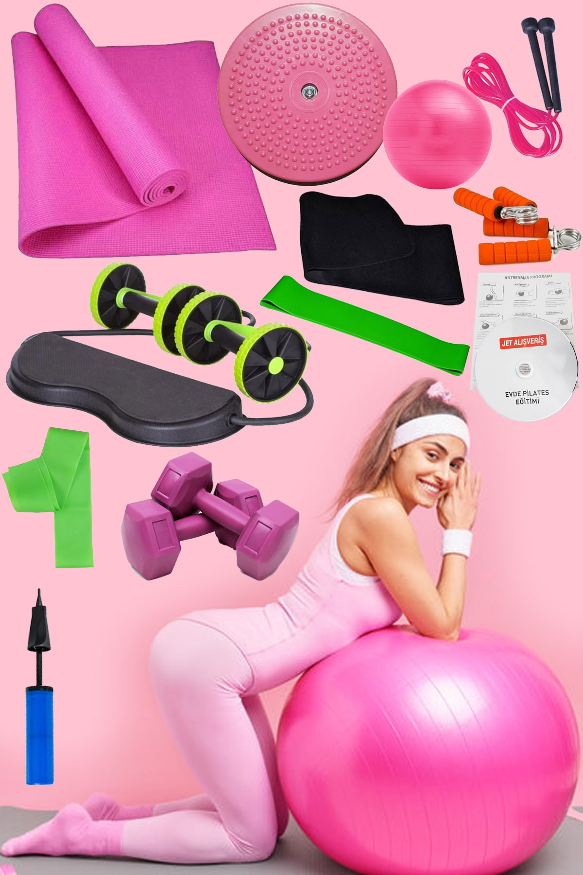 14 Lü Pilates Topu Seti Plates Minderi 1 Kg Dambıl Aerobik Band S