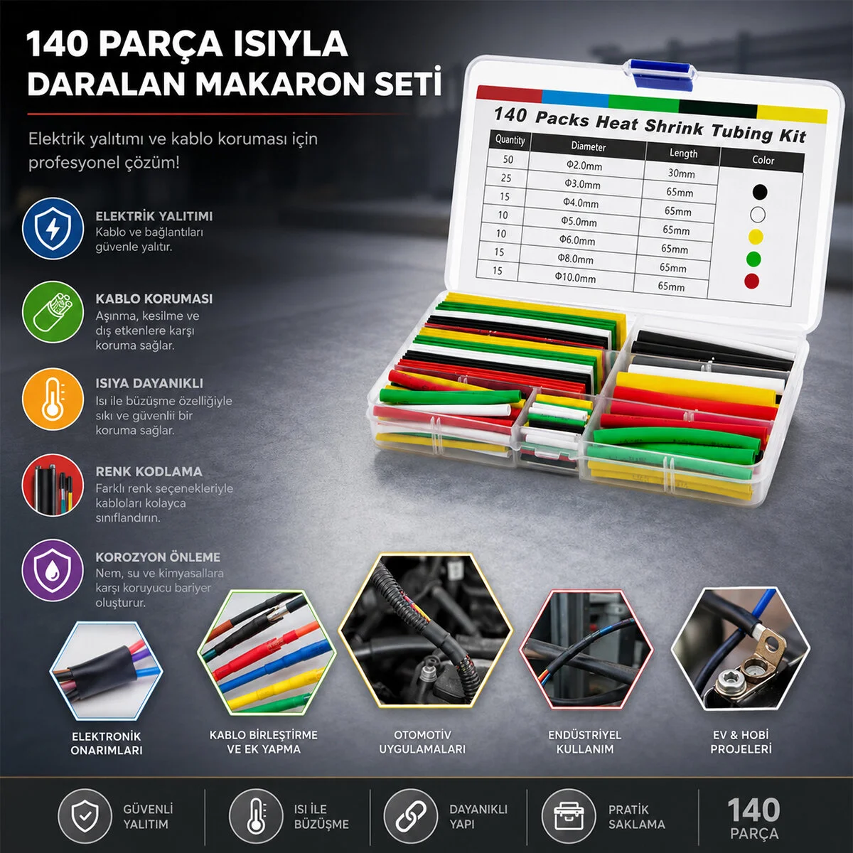 140PCS Makaron Kablo Tamir Seti Isıyla Büzüşmeli Daralan Hortum