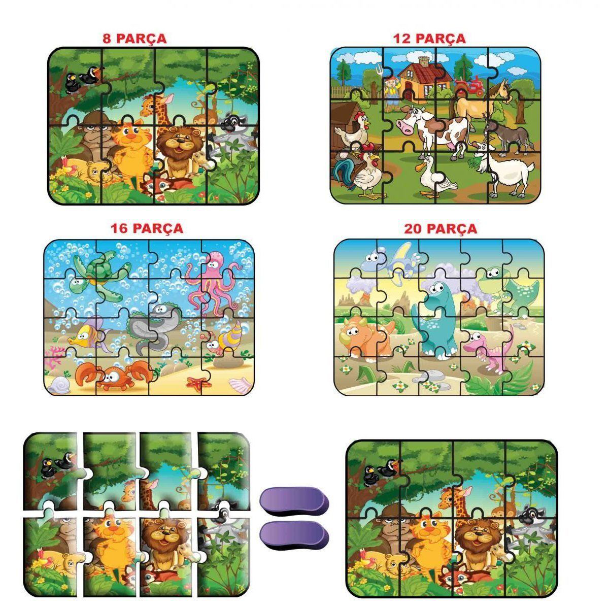 1481 DıyToy Süper Renkli 4'lü Puzzle - Hayvanlar / 8+12+16+24 Par