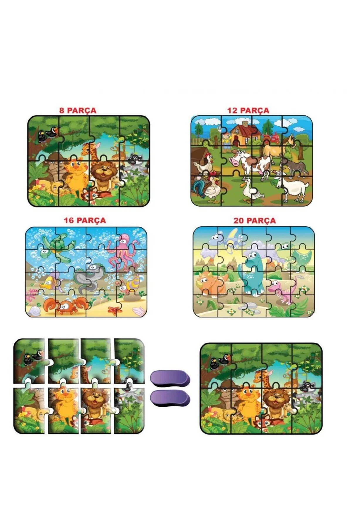 1481 DıyToy Süper Renkli 4'lü Puzzle - Hayvanlar / 8+12+16+24 Parça Puzzle