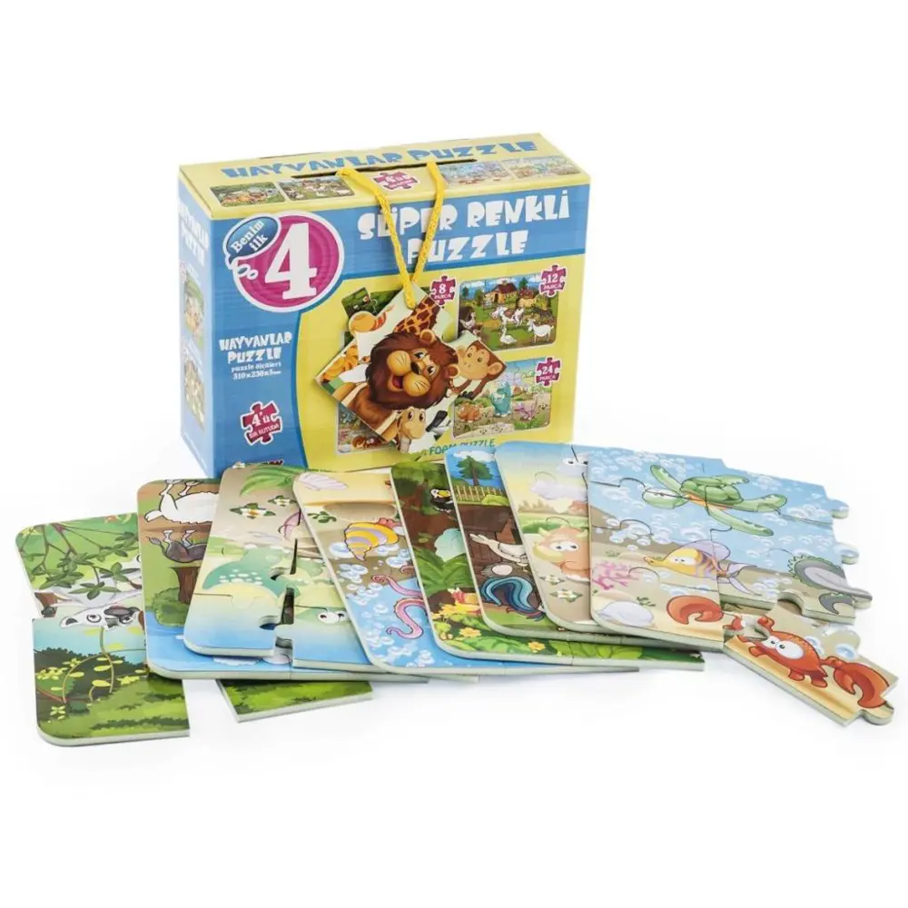 1481 DıyToy Süper Renkli 4'lü Puzzle - Hayvanlar / 8+12+16+24 Par