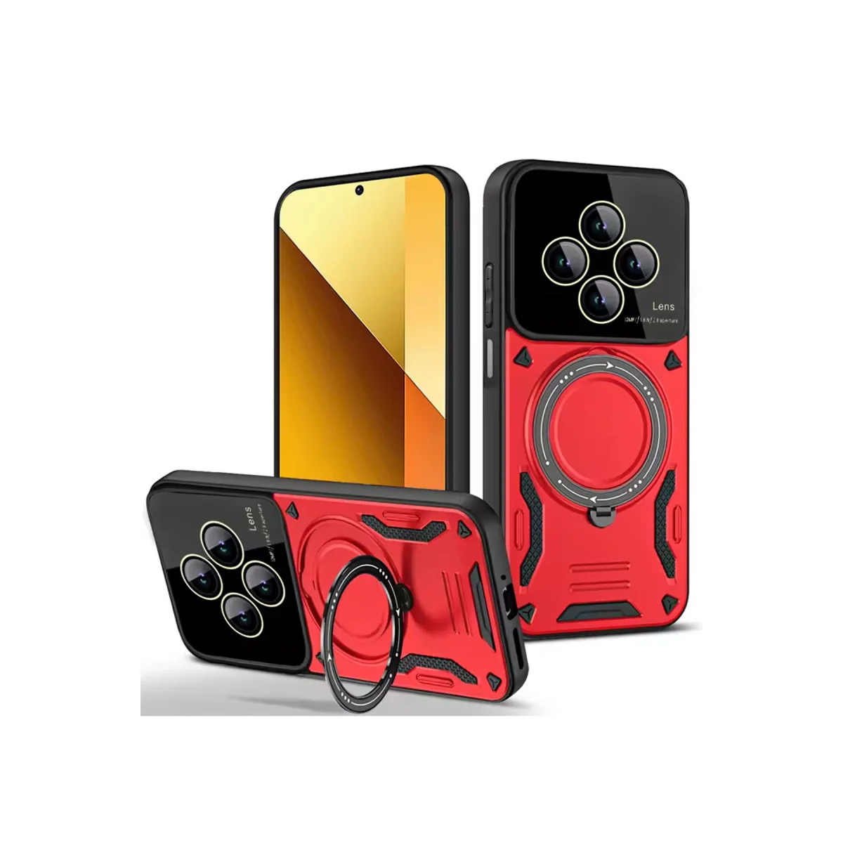 14C Kılıf Joy Lens Standlı Kapak - Kırmızı - 360° Döner Parmak Halkalı ve 180° Katlanabilir Telefon Kılıfı