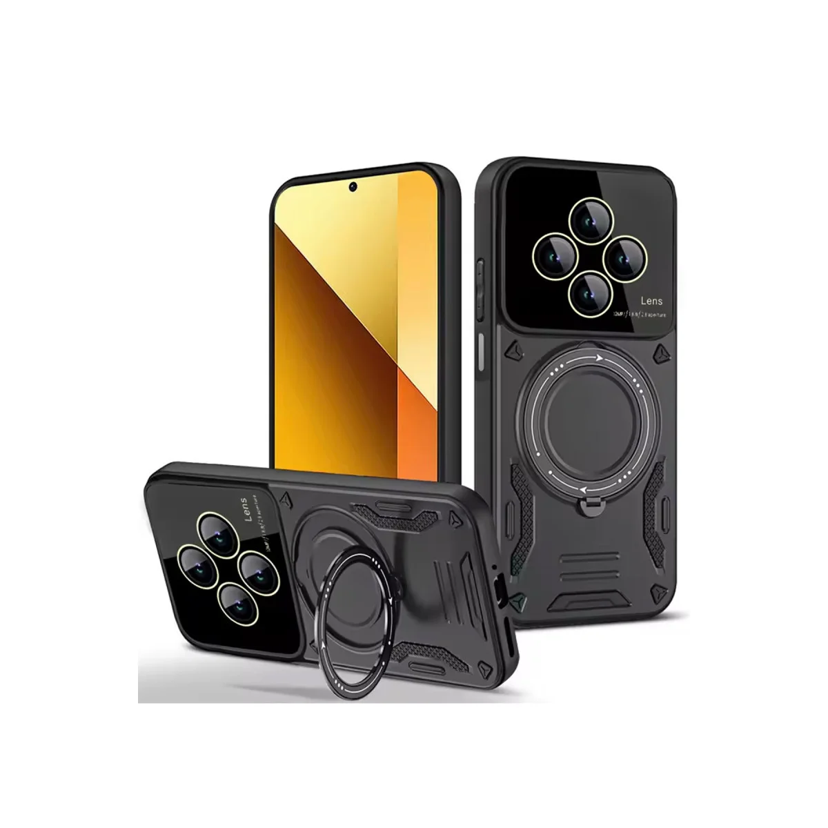 14C Kılıf Joy Lens Standlı Kapak - Siyah - 360° Döner Parmak Halkası ve 180° Katlanabilir Stand