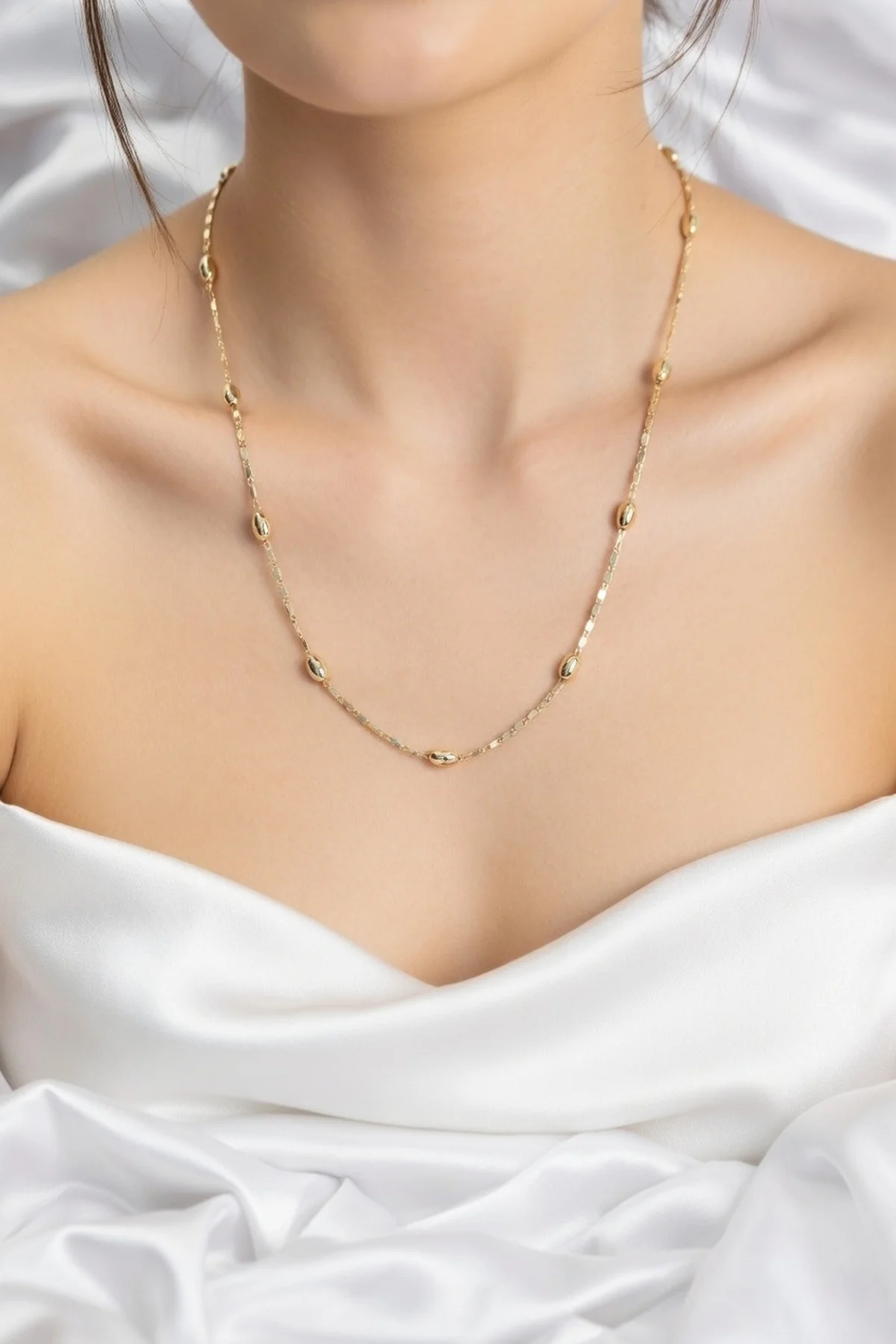 14K Gold Renk Damla Topçuklu Zincir Model 60 cm Kadın Kolye