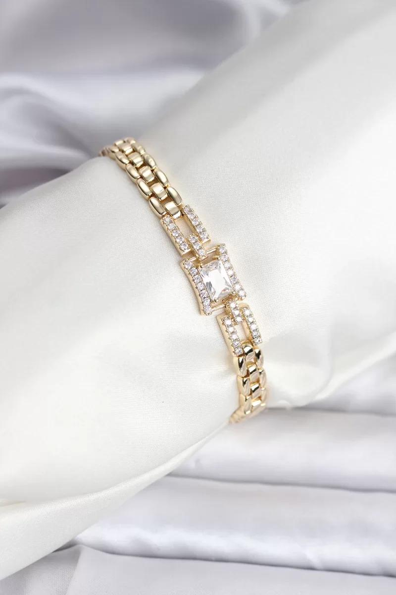14K Gold Renk Kaplama Zirkon Kare Taşlı CM Kadın Bileklik - Lisin