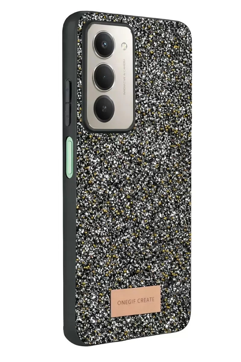 15 4G ile Uyumlu Simli Kapak - Gold Boncuk İşlemeli Zarif Telefon Kılıfı