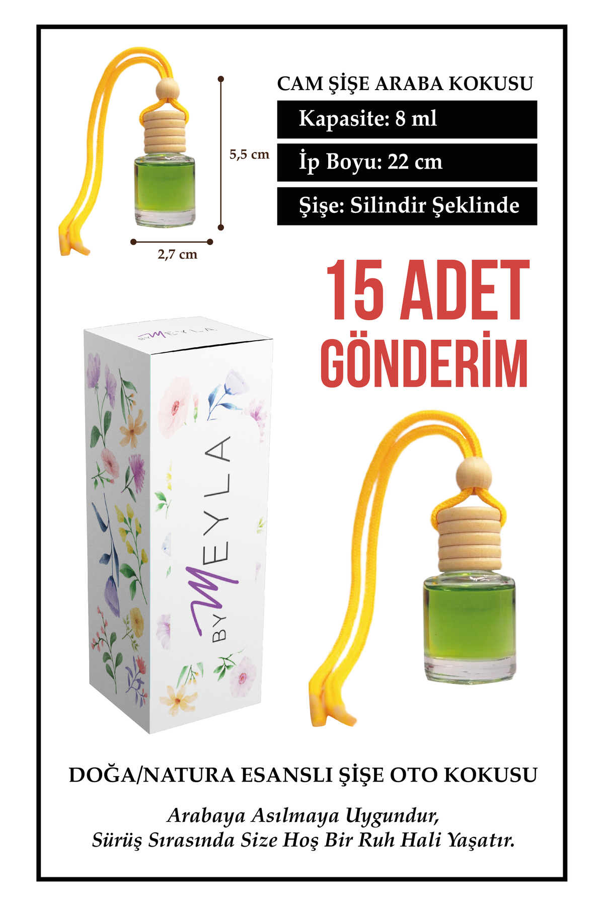 15 Adet Doğa Nature Esans Aromalı Cam Şişeli Oto Kokusu ve Torpid