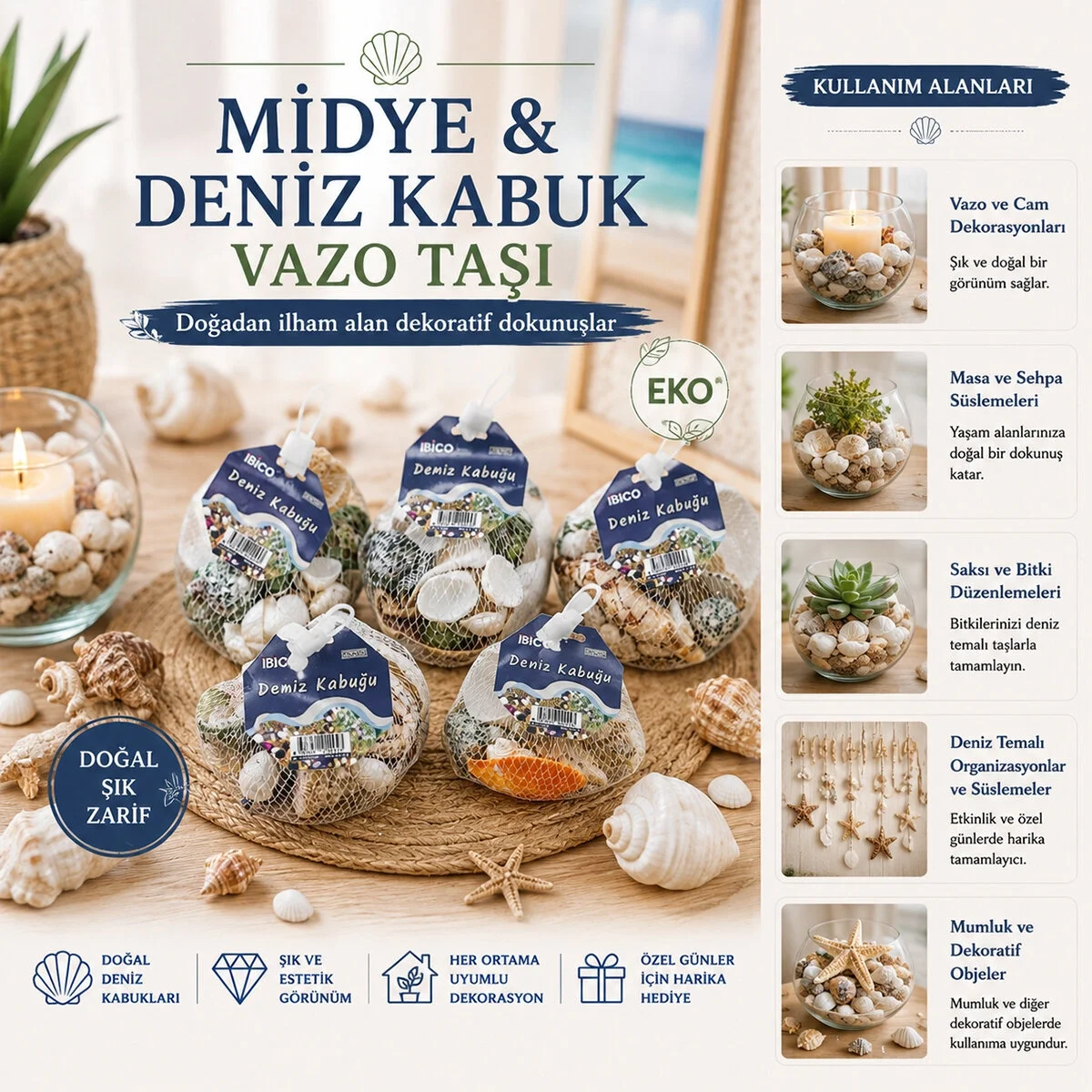 15 Adet Fileli Renkli Mix Eko Midye - Deniz Kabuk Vazo Taşı Bx40 Fiyatı, Yorumları ve Özellikleri