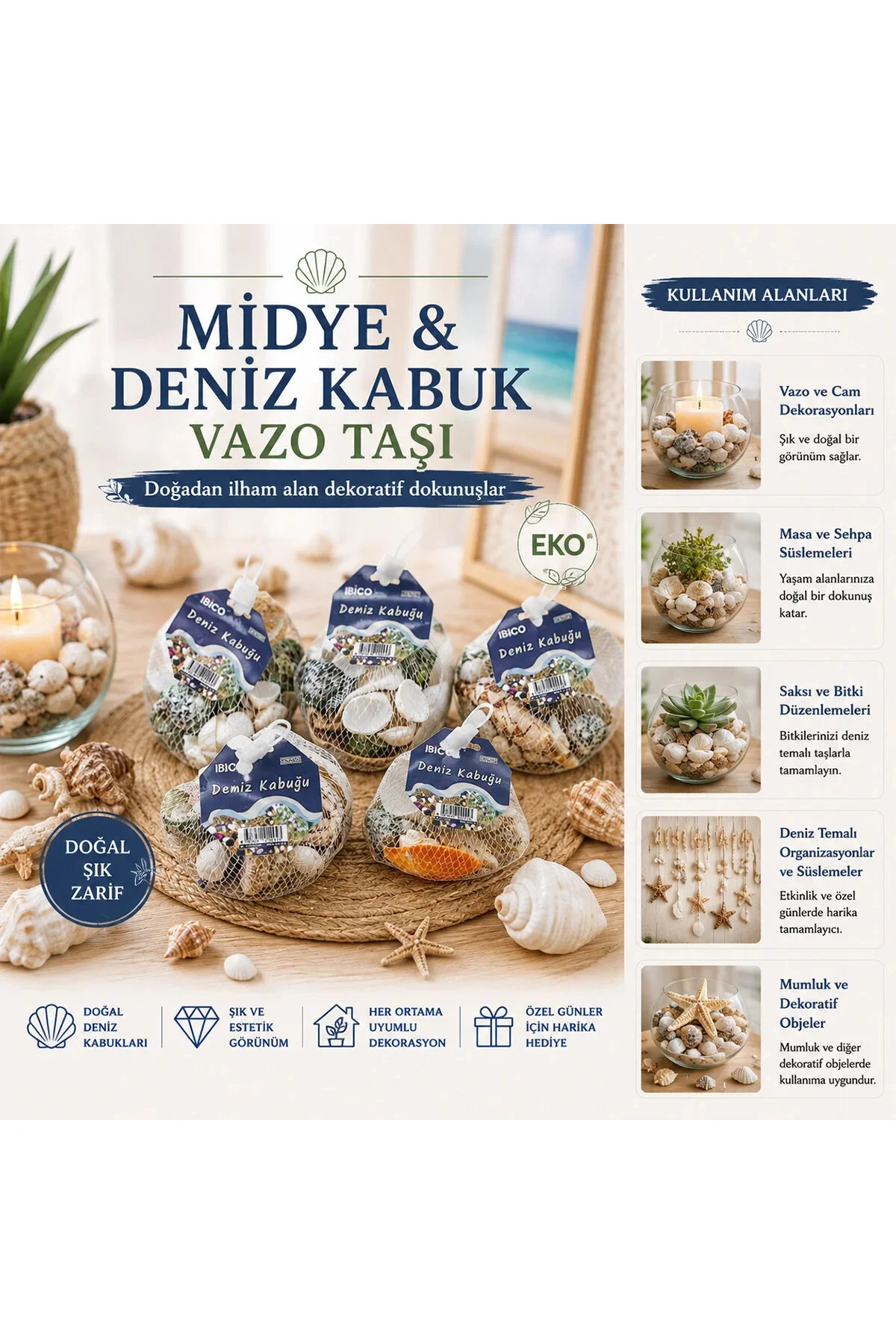 15 Adet Fileli Renkli Mix Eko Midye - Deniz Kabuk Vazo Taşı