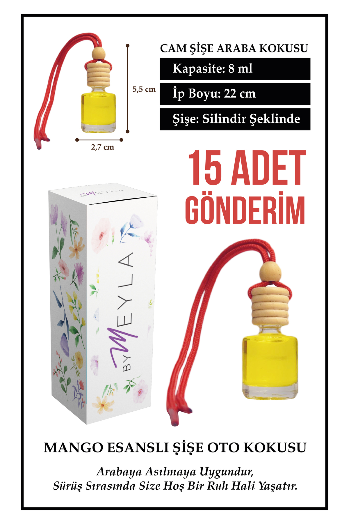 15 Adet Mango Esans Aromalı Cam Şişeli Oto Kokusu ve Torpido Akse