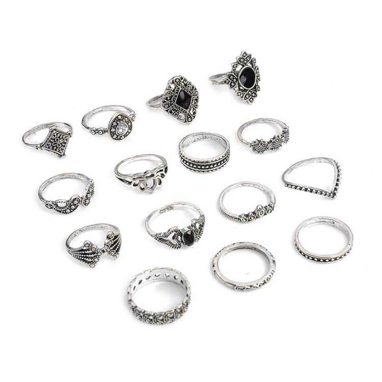15 Adet Yüzük Seti Bohem Yüzük Gümüş Kaplama Retro Kristal Motifl 15 Adet Yüzük Seti Bohem Yüzük Gümüş Kaplama Retro Kristal Motifl
