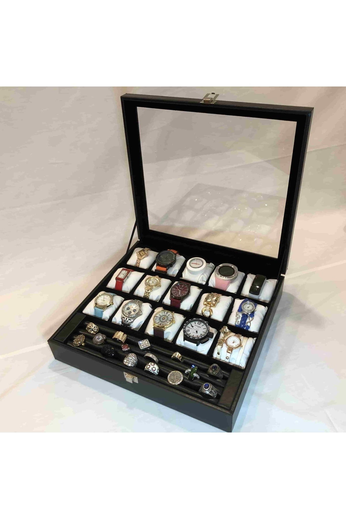 15 Bölme Görsel Cam Kapak Ahşap Iskelet Siyah Deri Kaplı Şık 15'l