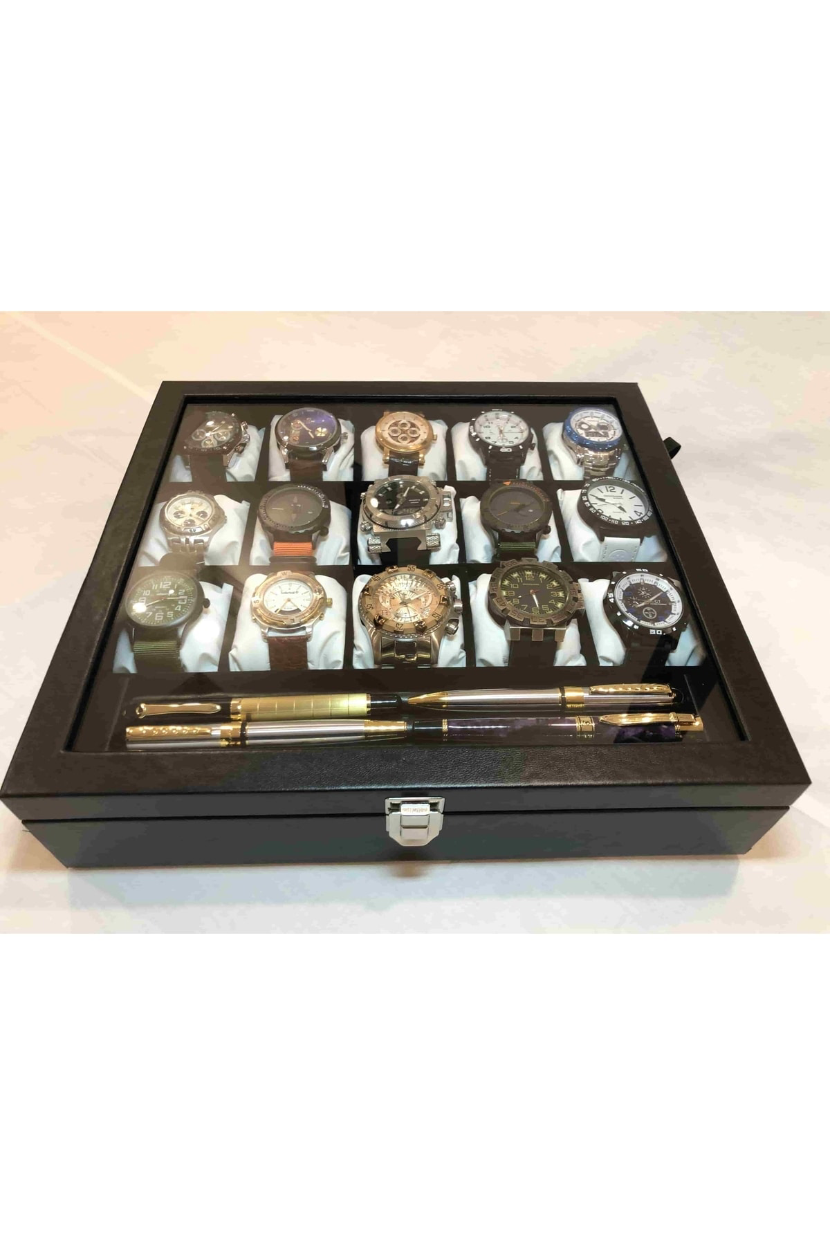 15 Bölme Görsel Cam Kapak Ahşap Iskelet Siyah Deri Kaplı Şık 15'l