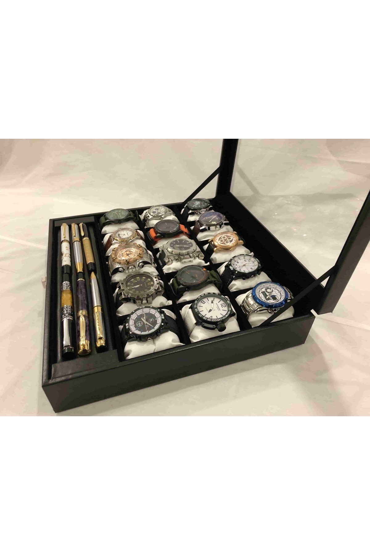 15 Bölme Görsel Cam Kapak Ahşap Iskelet Siyah Deri Kaplı Şık 15'l