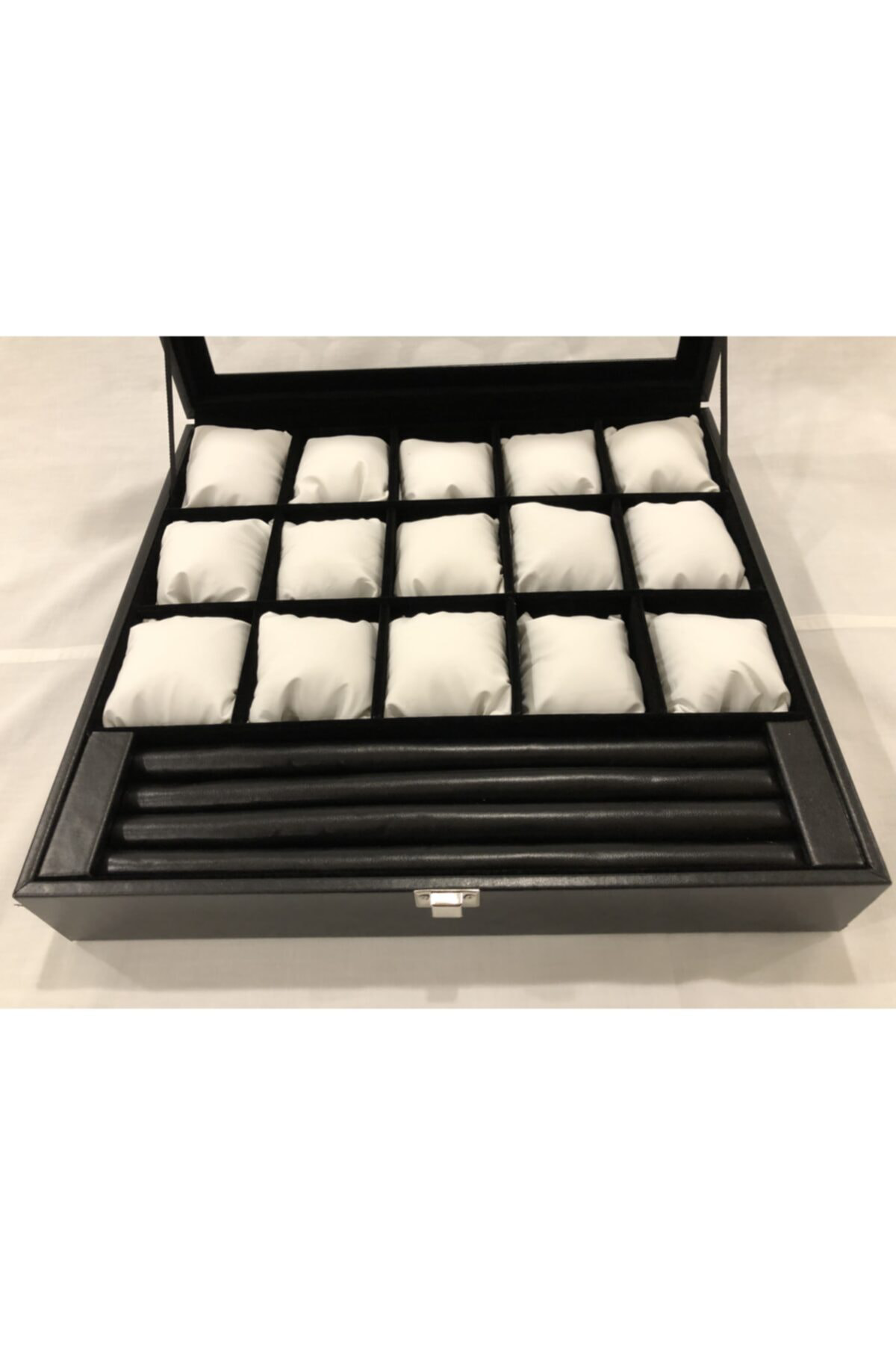 15 Bölmeli Deri Görünümlü Cam Kapklı Kol Saati Bileklik Kolye Yüz