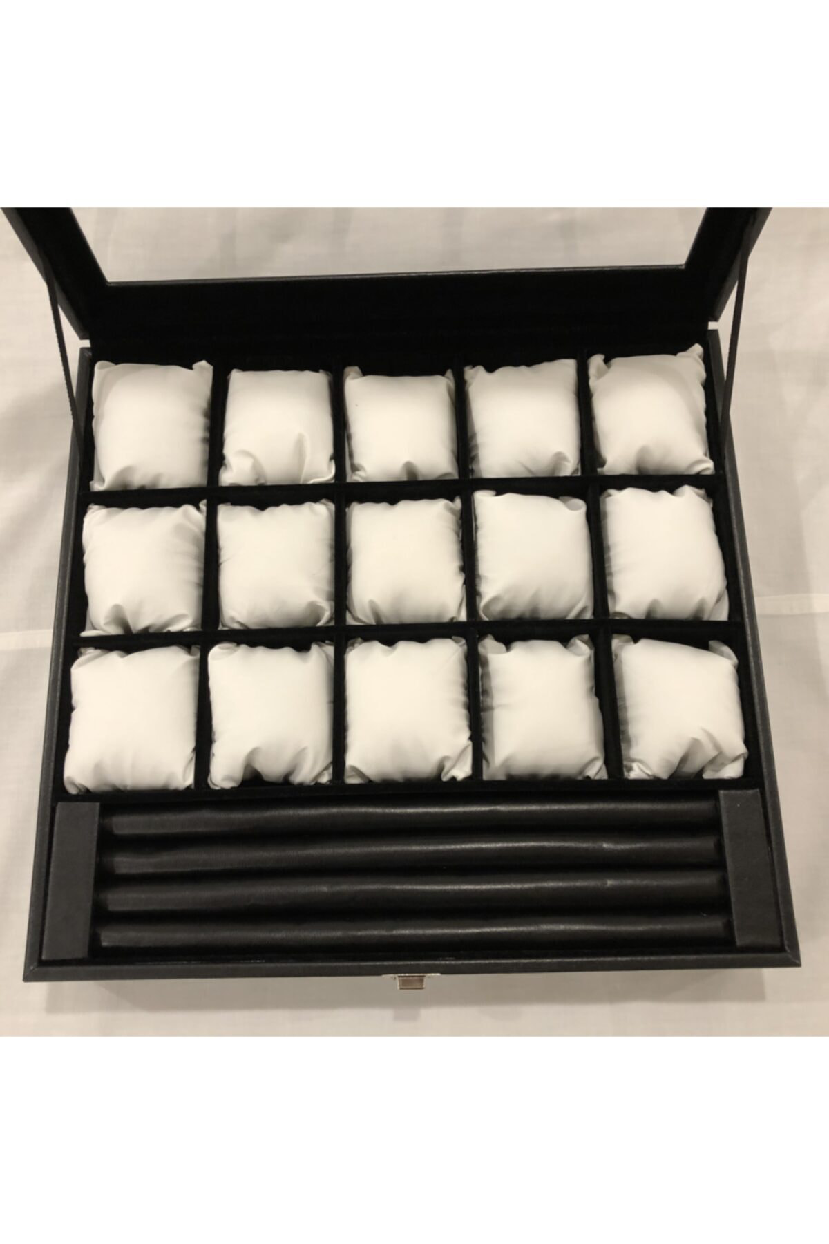 15 Bölmeli Deri Görünümlü Cam Kapklı Kol Saati Bileklik Kolye Yüz