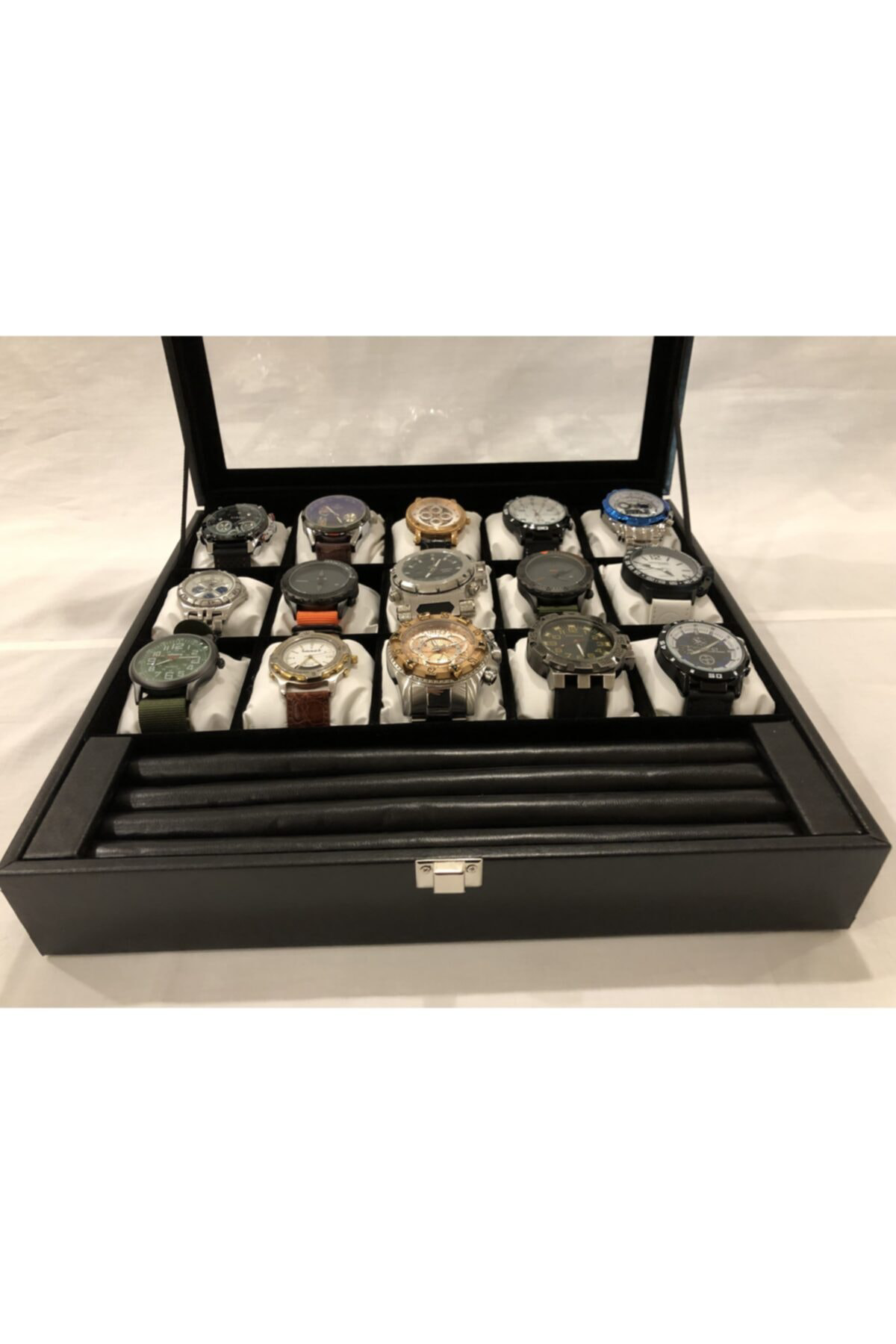 15 Bölmeli Deri Görünümlü Unisex Camlı Görsel Kol Saati Bileklik 